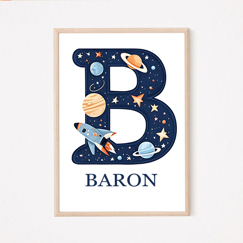 Personalised Watercolor Space Alphabet Poster Wall Art Space Poster Alphabet Children's Room Decorations Gift for Kid Space Enthusiasts Poster