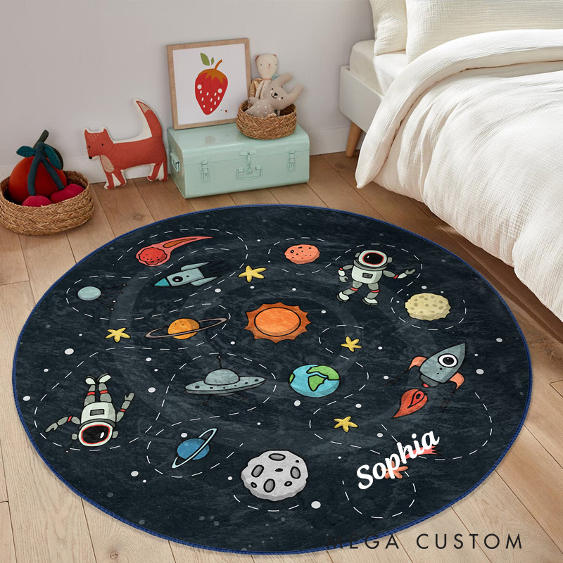 Personalized Space Themed Cute Kid's Rug Adventurous Astronaut Childen's Mat Kids Room Decor