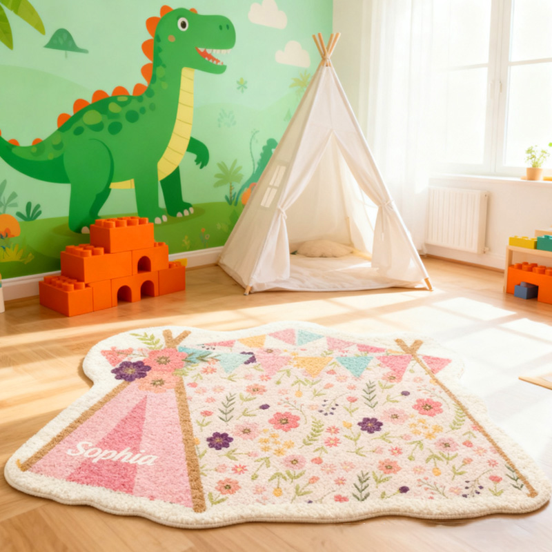 Personalized Kids Camping Rug Doormat Custom Floral Teepee Rug Children's Bedroom Rug Gifts for Kid