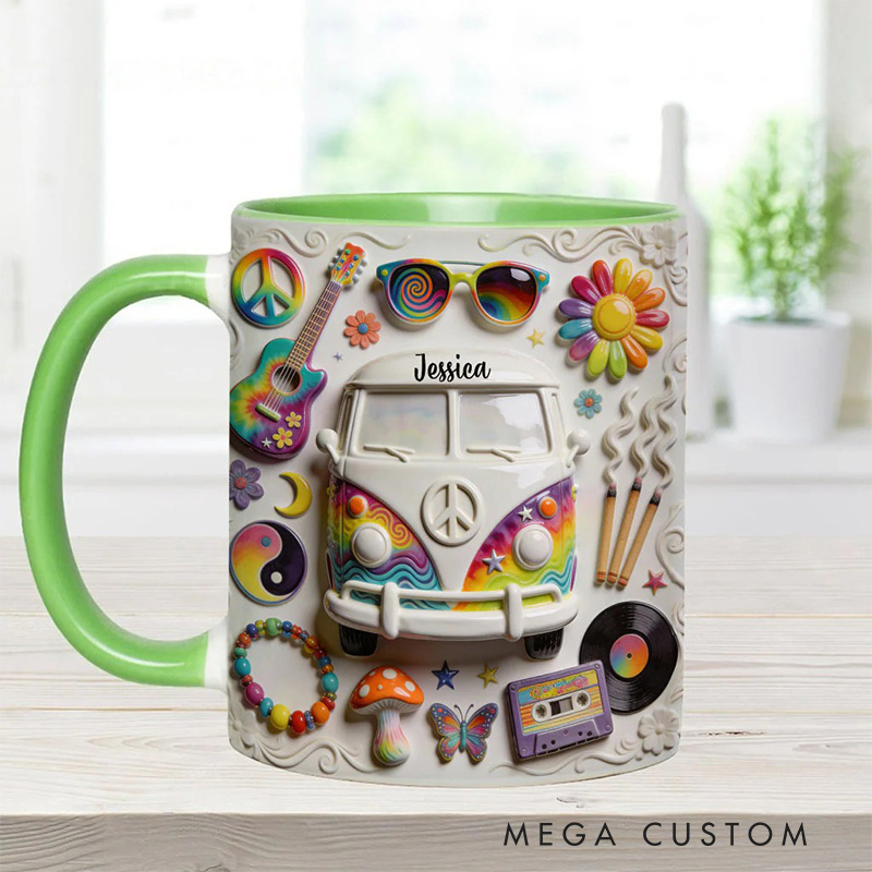 Personalized 2D Flat Hippie Love Hope Peace Mug Custom Name Colorful Hippie Car Hippie Coffee Mug Bohemian Coffee Mug