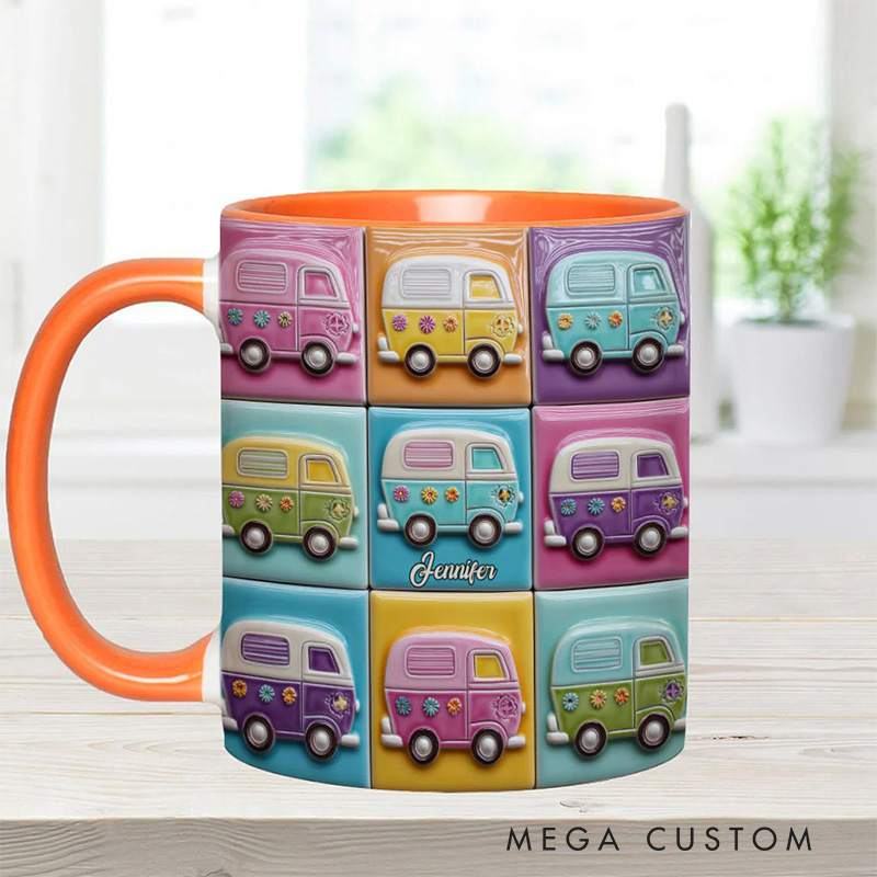 Personalized 2D Flat Hippie Caravans Mug Custom Name Colorful Hippie Car Hippie Coffee Mug Bohemian Coffee Mug