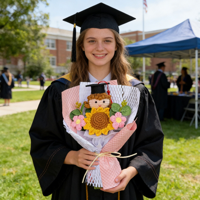 Crochet Graduation Bouquet with Graduation Doll Class of 2026 Keepsake Knitted Grad Flowers Gift for Her