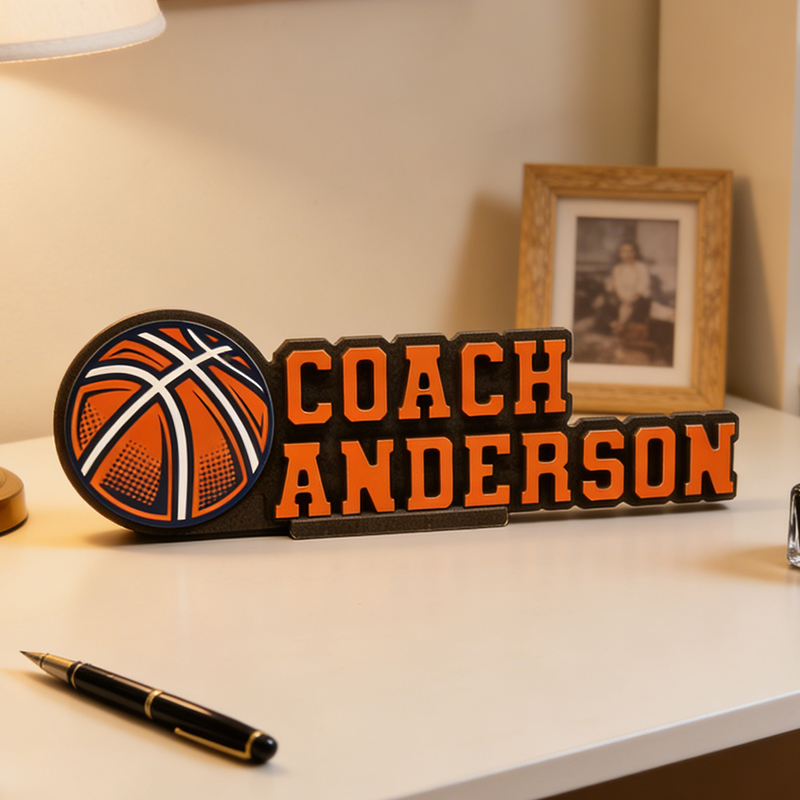 Personalized 3D Printed Basketball Themed Desk Nameplate for Coaches