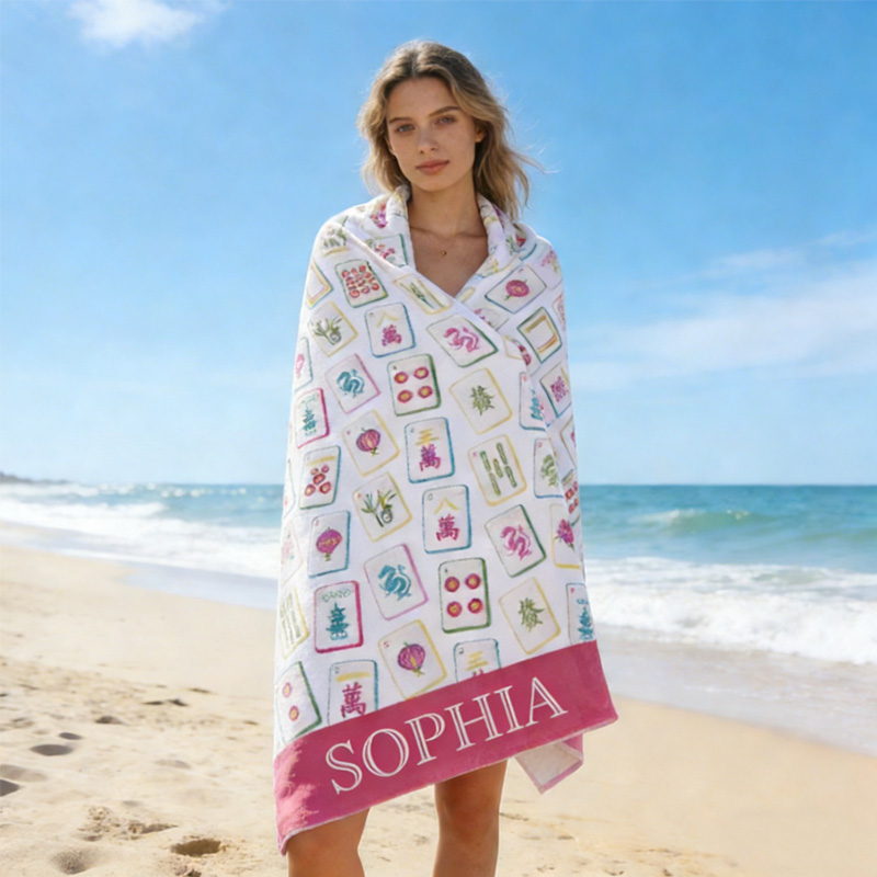 Watercolor Bright Mahjong Tiles Monogram Beach Towel Pink Coquette Mahjong Towel Feminine Elegant Accessory