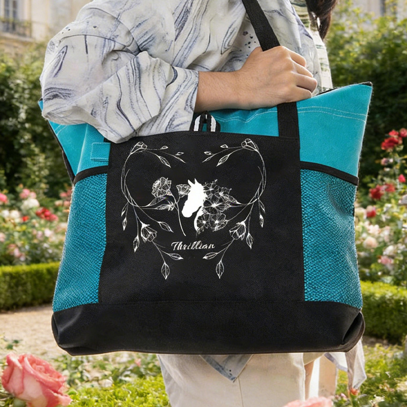 Personalized Horse Heart Birth Flower Oxford Large Tote Bag with Name Travel Essentials Birthday Gift for Equestrain Lovers 