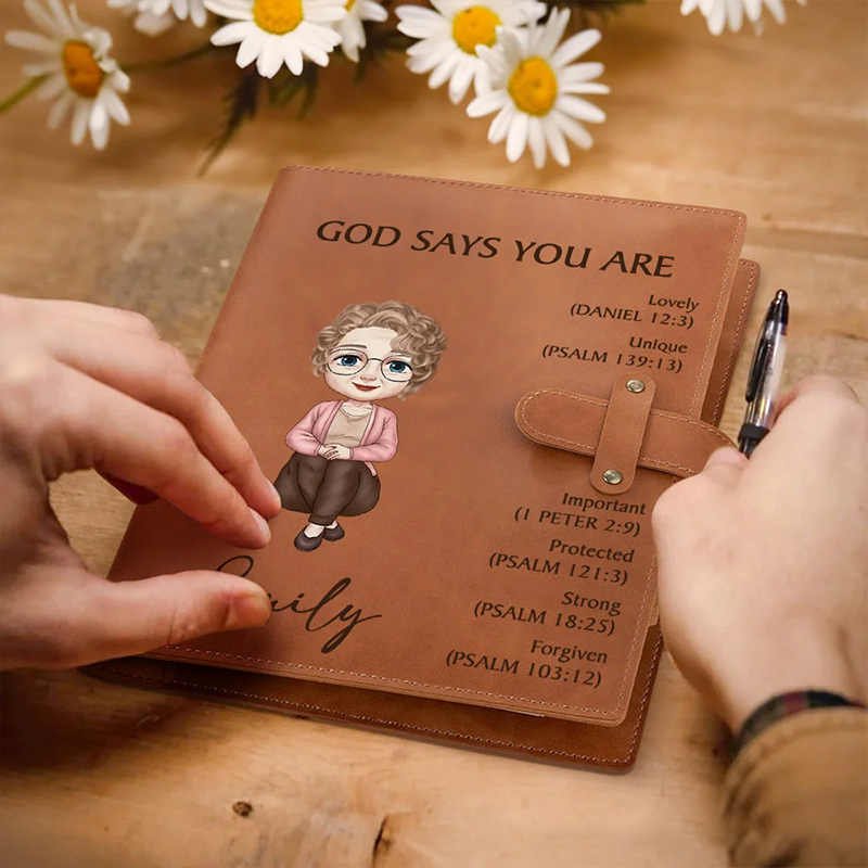 Personalized God Says You Are Cartoon Character A5 Leather Notebook Cover with Name Birthday Baptism Gift for Christian