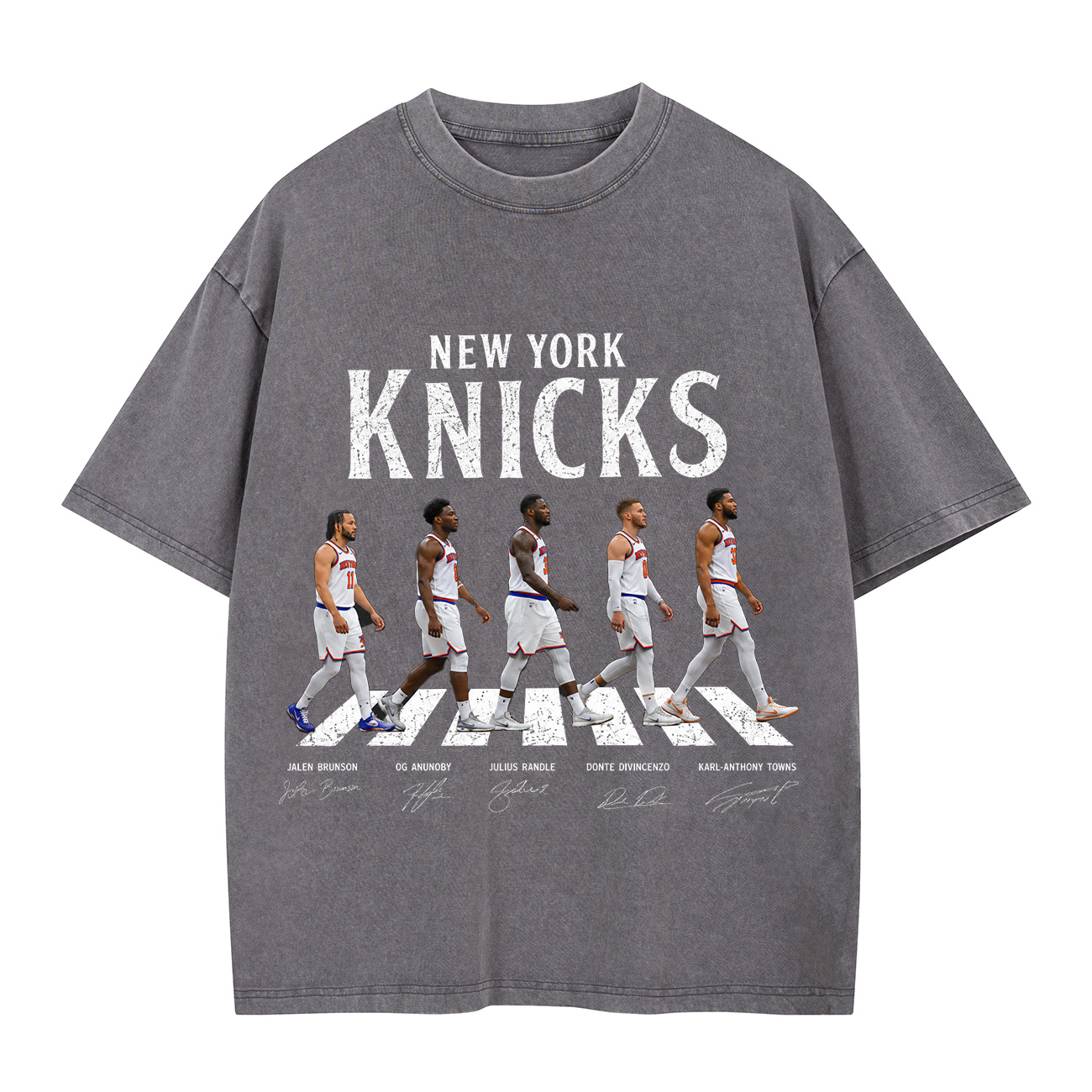 New York Basketball Stars Walking Graphic Washed T-shirt Vintage Rock‑Inspired Street Style Shirt