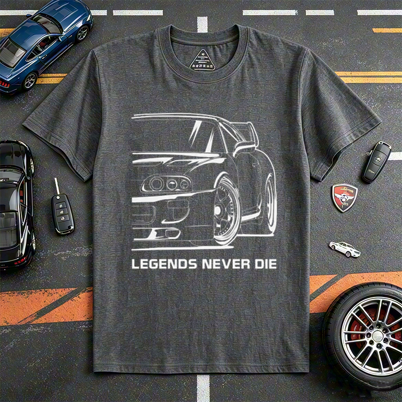 Legends Never Die Classic JDM Sports Car Crew Neck Short Sleeve T-Shirt for Retro Import Car Fans & Automotive Gearheads