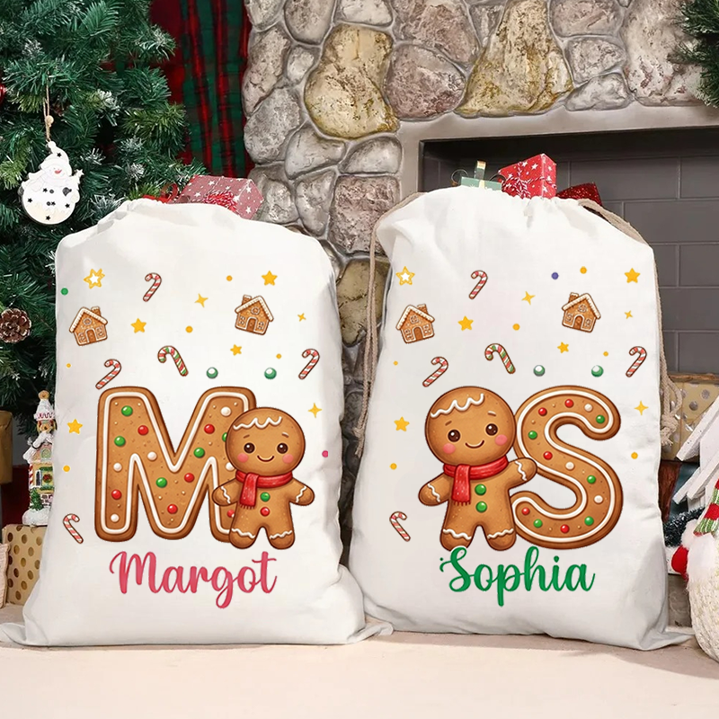 Personalized Christmas Gift Bags Custom Name Gingerbread Alphabet Santa Sack Holiday Present Storage