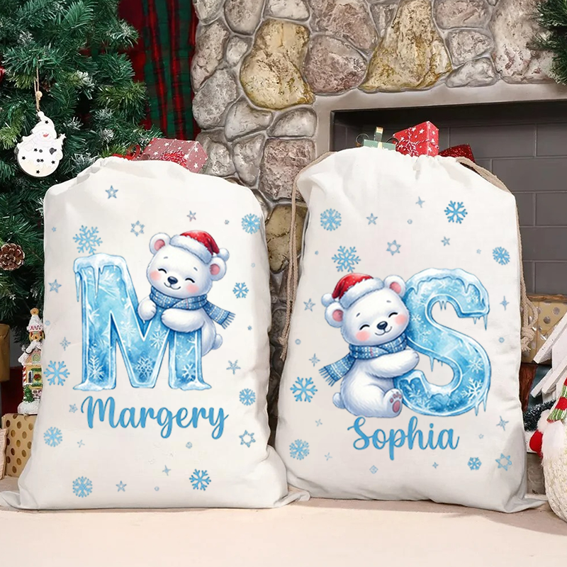 Personalized Christmas Gift Sack Custom Name Snow Bear Alphabet Santa Bag Holiday Present Storage For Kids