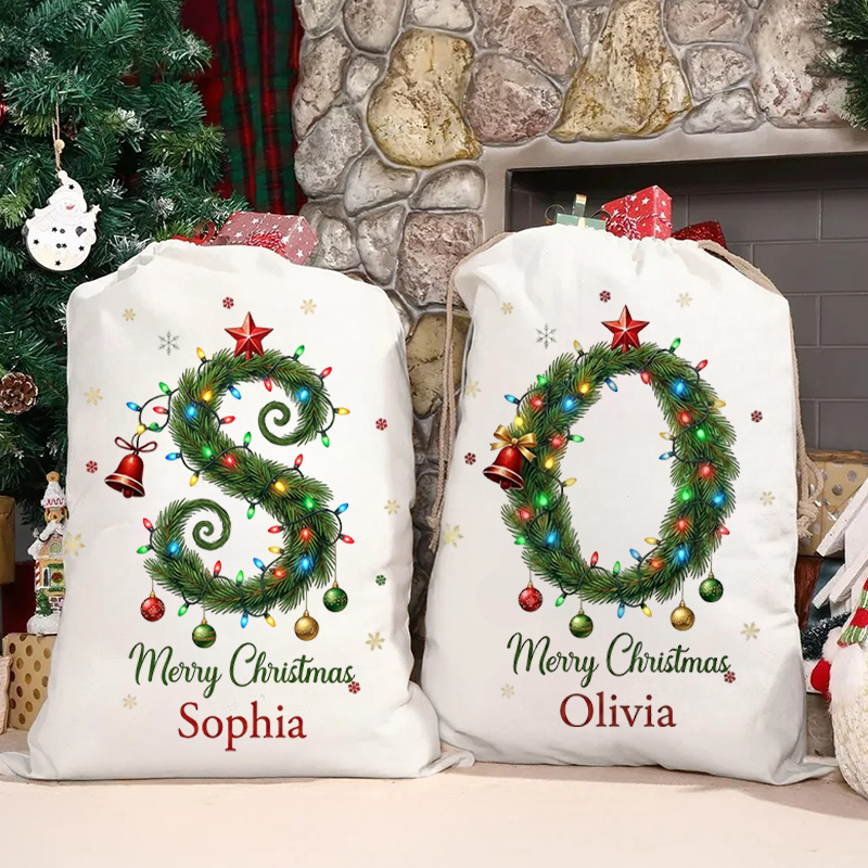 Personalized Christmas Gift Sack Custom Name Alphabet Tree Santa Bag Holiday Present Storage For Kids