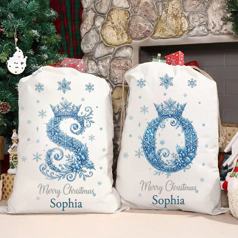 Personalized Christmas Gift Sack Custom Name Blue Snowflake Alphabet Santa Bag Holiday Present Storage