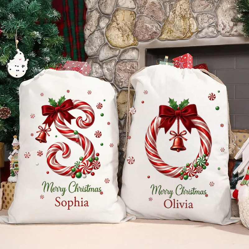 Personalized Christmas Gift Sack Custom Name Candy Cane Alphabet Santa Bag Holiday Present Storage