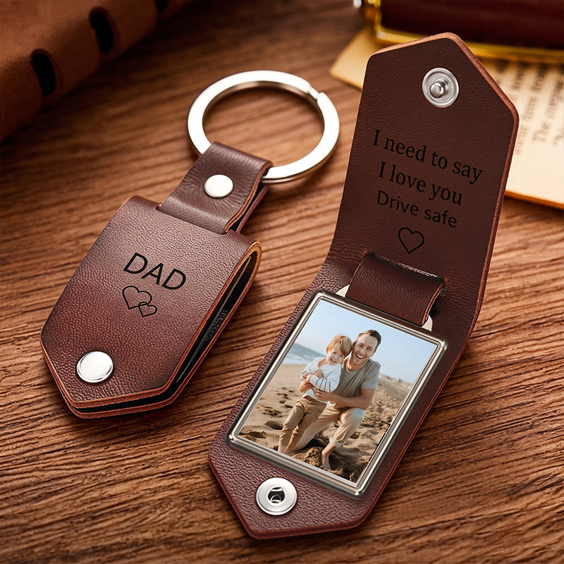 Personalized Engraved Leather Keychain with Photo Custom Daddy Keyring Drive Safe Gift for Dad Fathers Day Gift from Kids Anniversary Gift