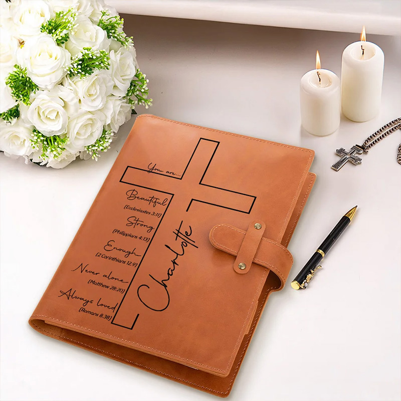 Personalized Cross Bible Verse Portable A5 Leather Notebook Cover with Pocket Birthday Religious Baptism Gift for Family Friends Christians