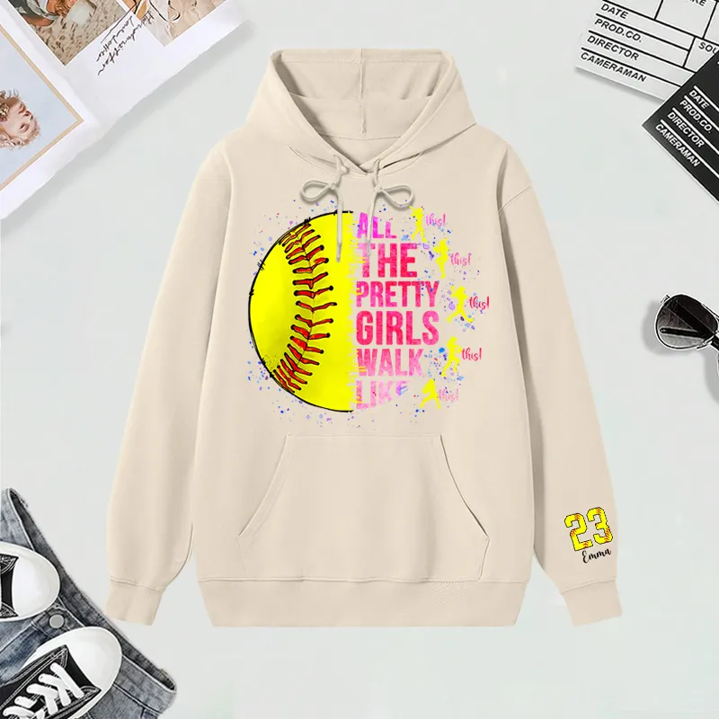 Personalized "All the Pretty Girls Walk Like This" Softball Hoodies with Custom Details