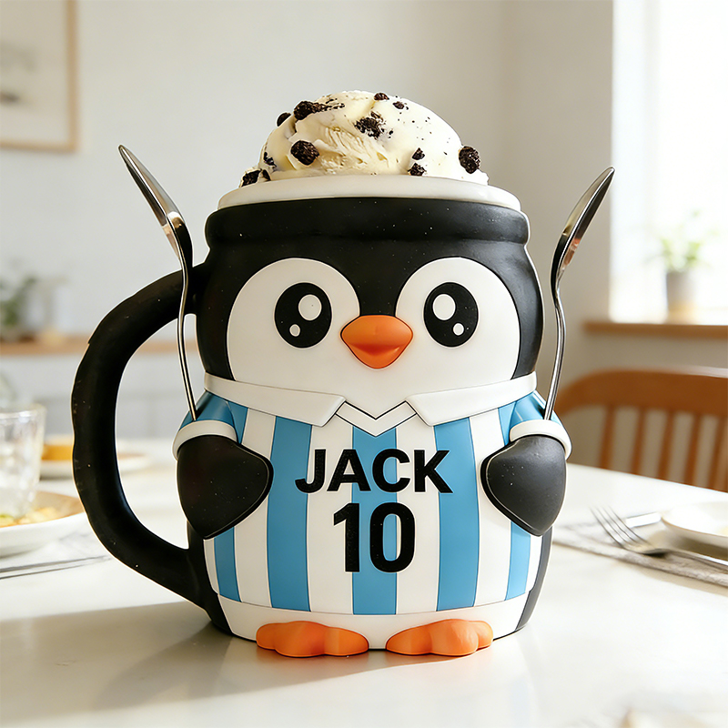 Personalized Soccer World Cup Penguin Ice Cream Pint Holder 3D Printed with Spoon Slots & Snack Drawer with Custom Details for Soccer Fans