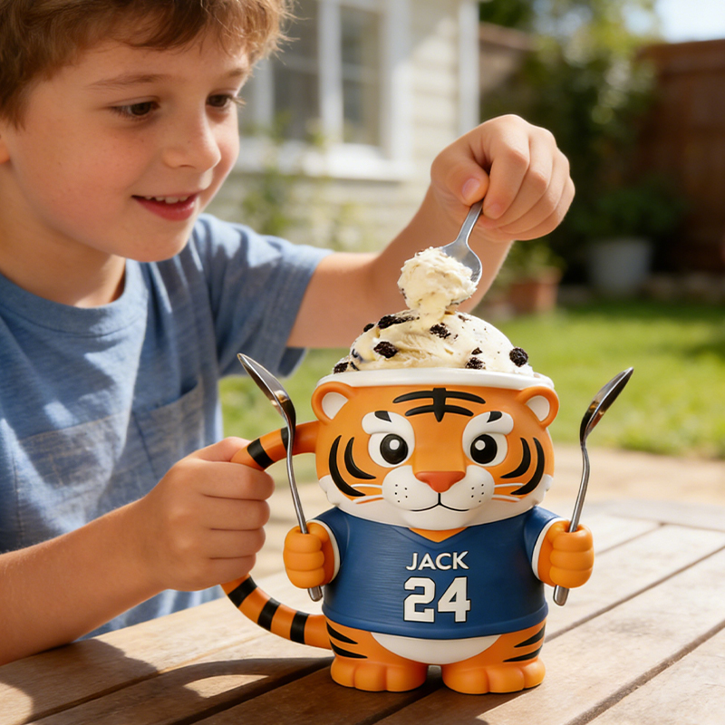 Personalized Tiger Baseball Mascot Ice Cream Pint Holder 3D Printed with Spoon Slots & Snack Drawer Custom Detail for Kids and Baseball Enthusiasts