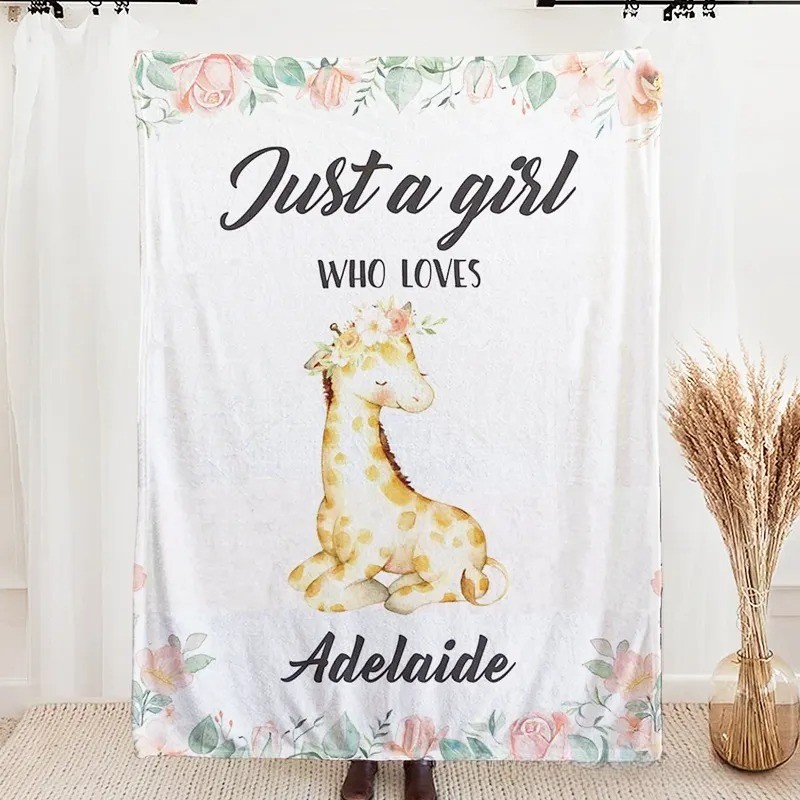 Personalized Just A Girl Who Loves Giraffe Floral Blanket with Name Birthday Gift for Girls