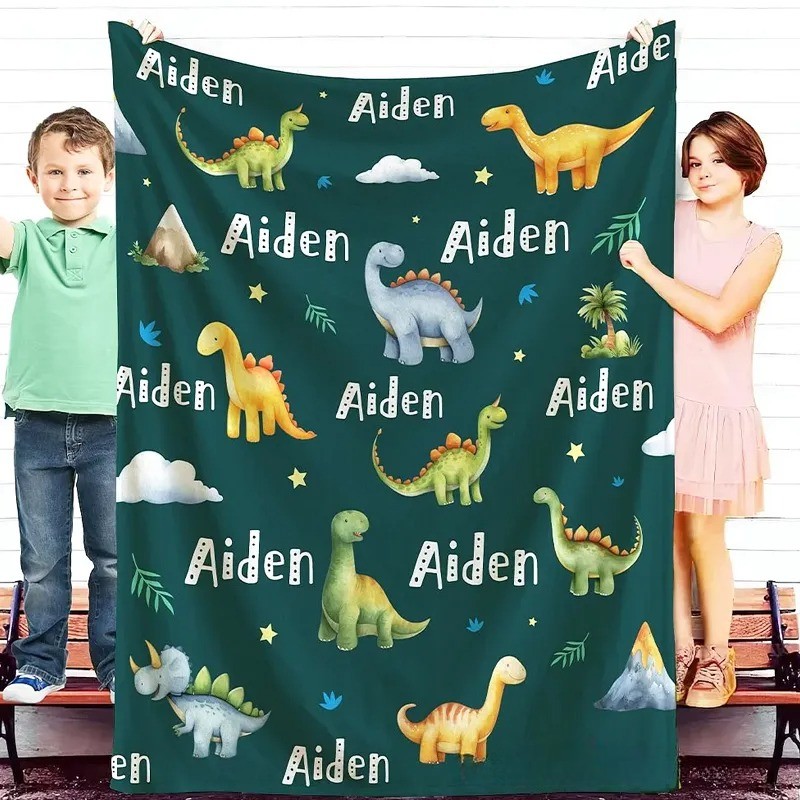 Personalized Dinosaur Themed Soft Throw Blanket with Name Birthday Baby Shower Back To School Gift for Boys Girls