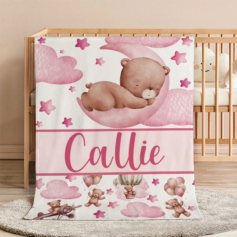 Personalized Sleeping Bear Cloud Moon Star Soft Throw Blanket with Name Home Decor Birthday Gift for Teenagers Kids