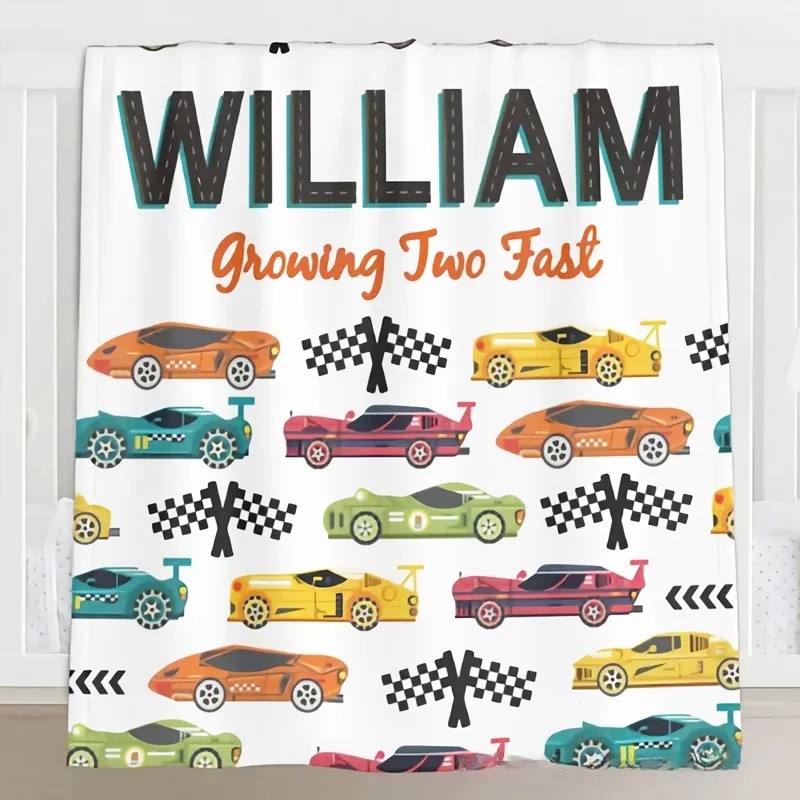 Personalized Race Car Theme Soft Baby Blanket with Name Baby Shower Gift for Newborn