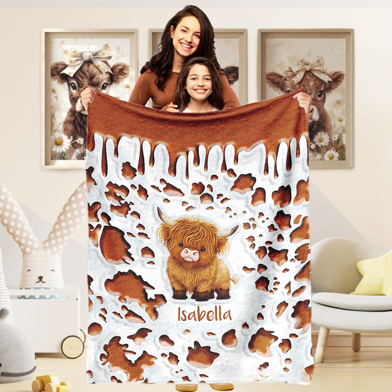 Personalized Cute Highland Cow Soft Throw Blanket Baby Swaddle Hat Set with Name Home Decor Anniversary Birthday Gift for Family Baby
