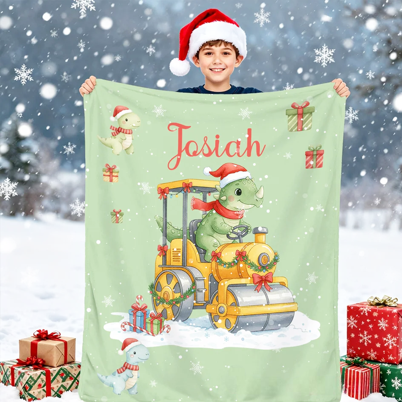 Personalized Cartoon Dinosaur Construction Vehicle Soft Throw Blanket with Name Home Decor Christmas Party Gift for Toddlers Boys