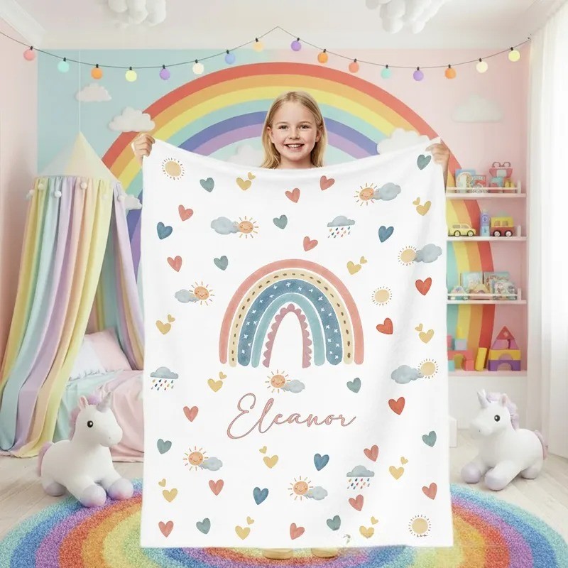 Personalized Heart Cloud Smiling Sun Rainbow Soft Throw Blanket with Name Home Decor Christmas Birthday Gift for Kids