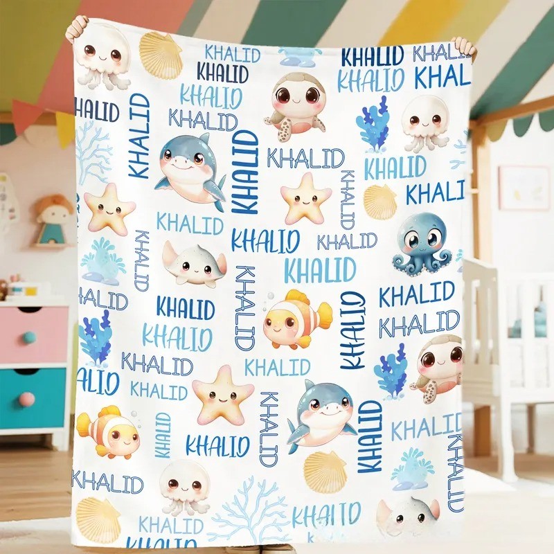 Personalized Cute Marine Animals Design Soft Throw Blanket with Name Home Decor Birthday Christmas Gift for Boys Girls