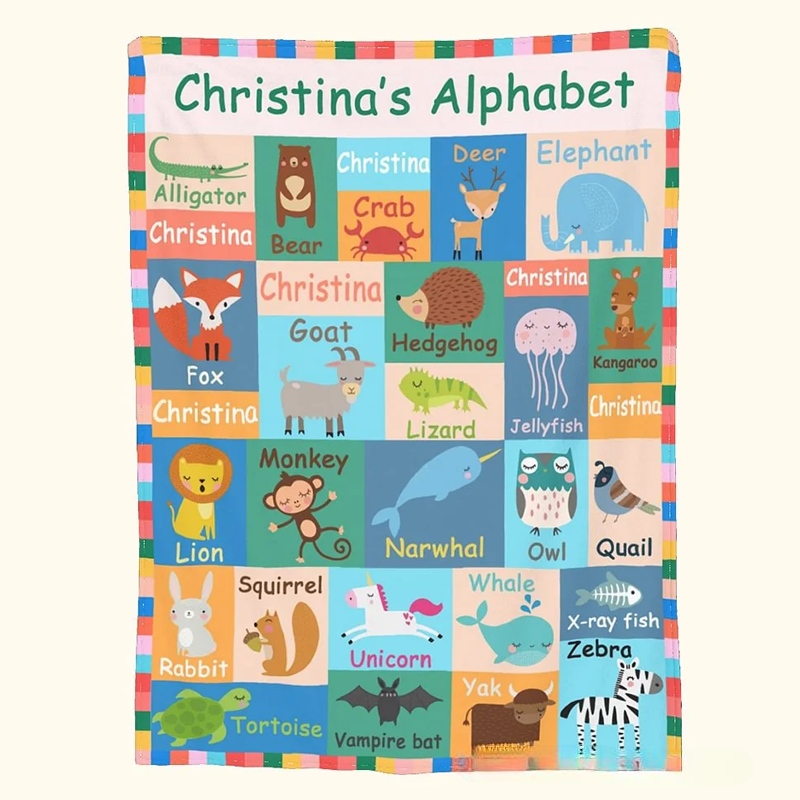Personalized Kids Animals Alphabet Flannel Blanket with Name