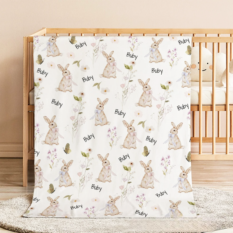 Personalized Wildflower Rabbit Soft Throw Blanket with Name Home Decor Anniversary Birthday Gift for Family Baby
