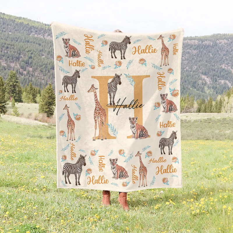 Personalized Cute Jungle Animal Soft Throw Blanket with Name Baby Shower Christmas Gift for Boys Girls