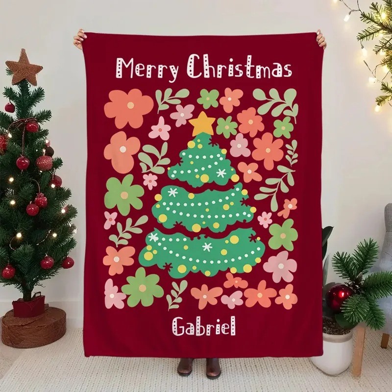 Personalized Christmas Tree Colorful Floral Soft Throw Blanket with Name and Text Home Decor Christmas Gift for Family Friends
