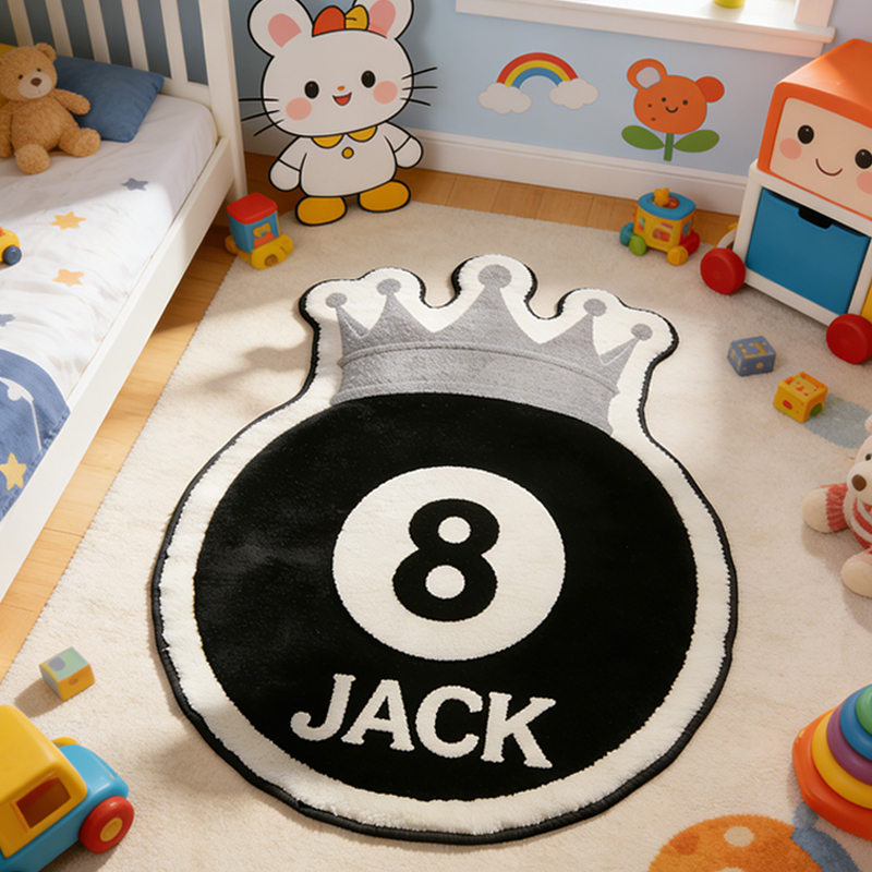 Personalized Billiards Rug with 8-Ball and Regal Crown Design and Custom Name for Pool Enthusiasts