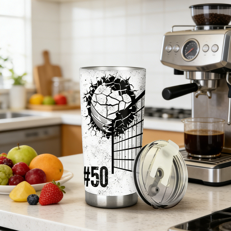 Personalized Volleyball Tumbler Featuring Cracked Volleyball Artwork with Custom Name and Number for Volleyball Fans