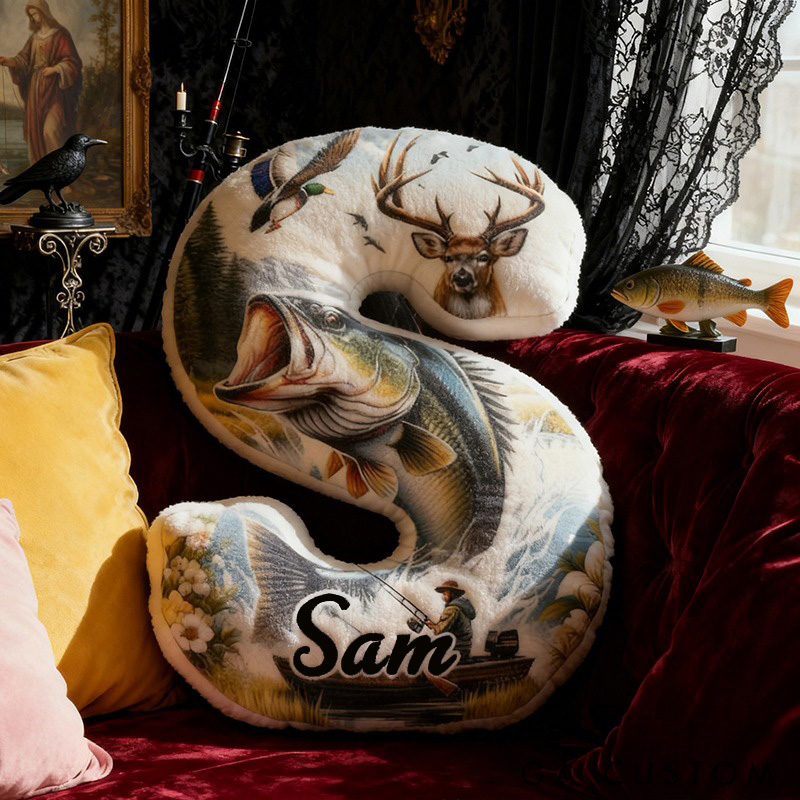 Personalized Fishing Letter Pillow Outdoor Nature Design with Fish and Wildlife Custom Name Graphic 3D Print Perfect Gift for Anglers and Home Decor