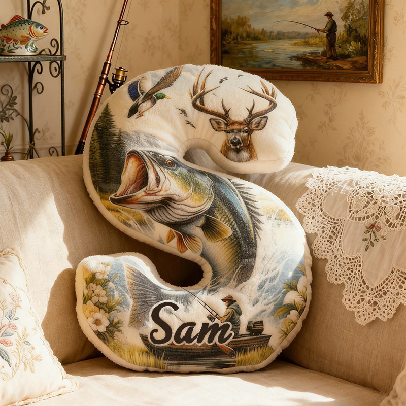 Personalized Fishing Letter Pillow Outdoor Nature Design with Fish and Wildlife Custom Name Graphic 3D Print Perfect Gift for Anglers and Home Decor