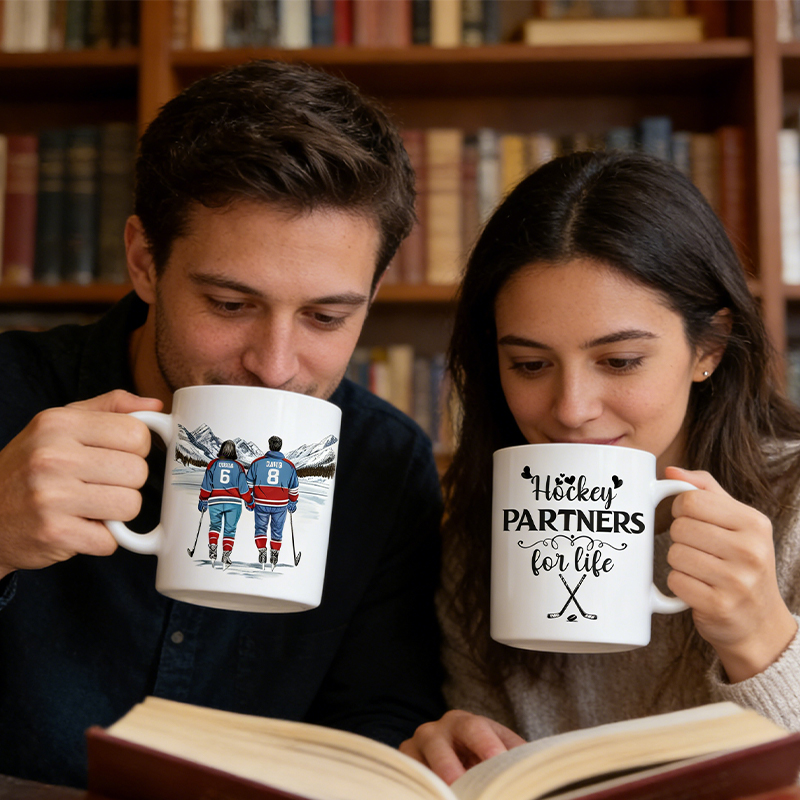 Personalized Couple’s Hockey Mug with Custom Names and Numbers for Hockey-Loving Couples