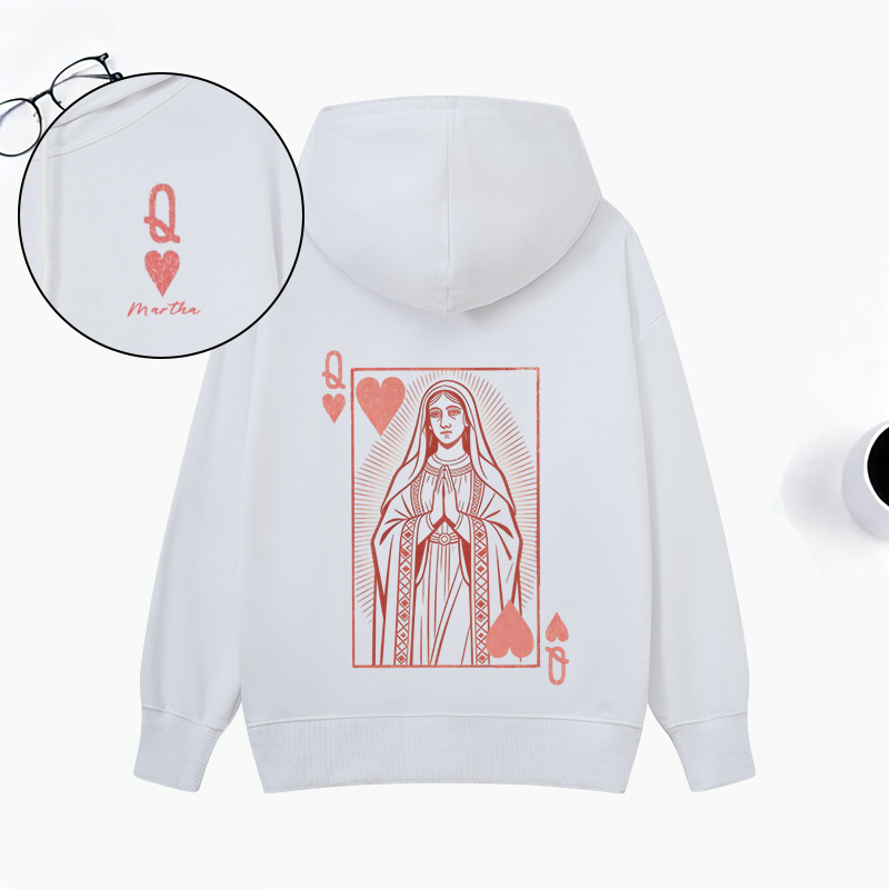 Personalized Virgin Mary Classic Queen of Hearts Hoodies with Custom Name Funny Valentines Day Sweatshirt Valentine Day Gift for Her