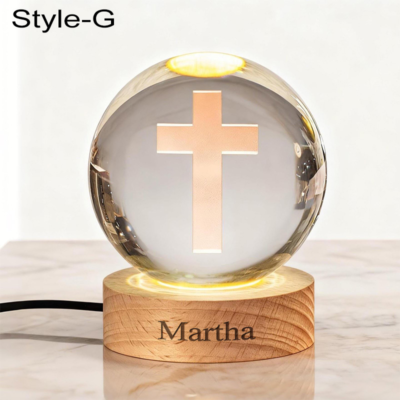 Personalized Cross 3D Engraved Crystal Ball Night Light With Custom Text in Wooden Base Home Decor Jesus Night Lamp Religious Gift Christmas Gift