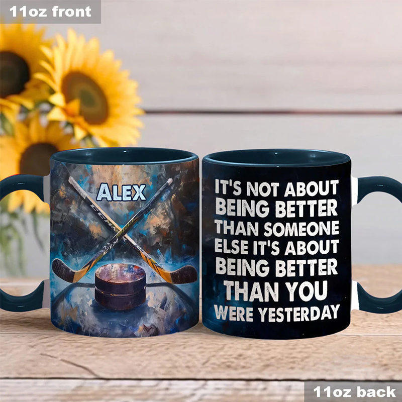 Personalized Ice Hockey Mug with Artistic Stick and Puck Design for Ice Hockey Enthusiasts