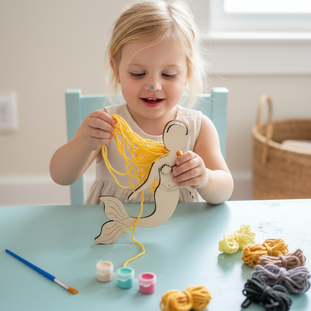Personalized DIY Mermaid Self-portrait Craft Kit for Kids Wooden Painting and Yarn Hair Design with Custom Name