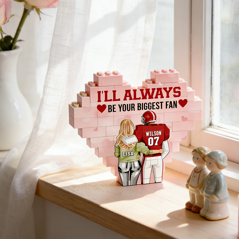 Personalized Football Couples Heart "Biggest Fan" Building Blocks with Custom Names and Number Valentine's Day Gift