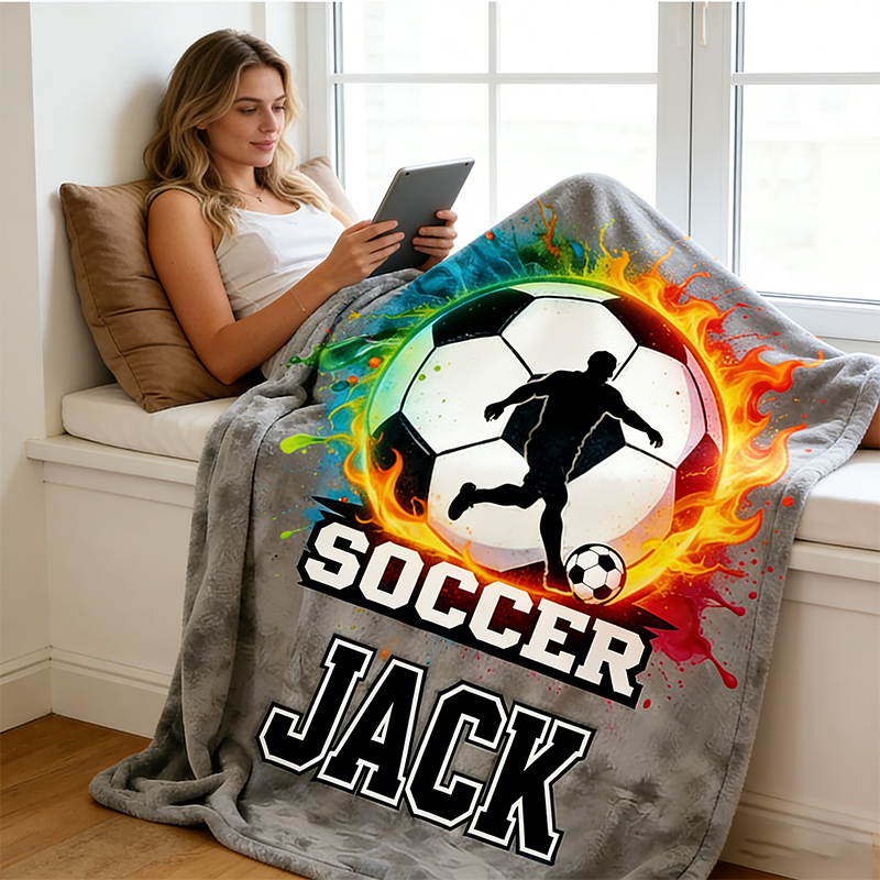 Personalized Soccer Blanket with Custom Name and Fiery Design for Soccer Enthusiasts