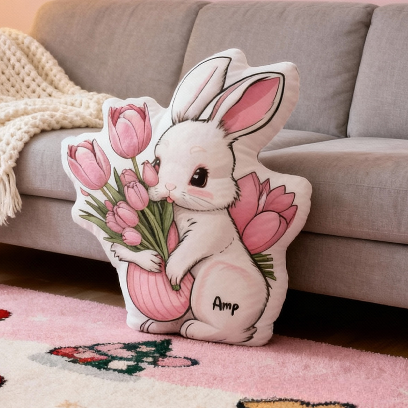 Personalized Bunny and Flower with Name Graphic 3D Print Pillow Christmas Gift for Kids or Baby Birthday Gift