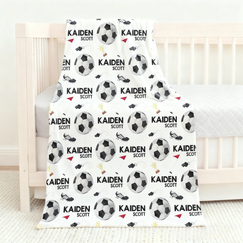 Personalized Soccer Baby Blanket Set Name Soft Fleece Sport Design Perfect Baby Shower Gift