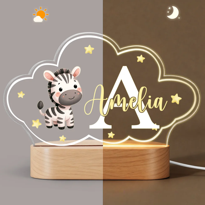Personalized Cute Animals Star Cloud Style Acrylic LED Night Light with Wooden Base and Name Birthday Anniversary Gift for Kid Newborn