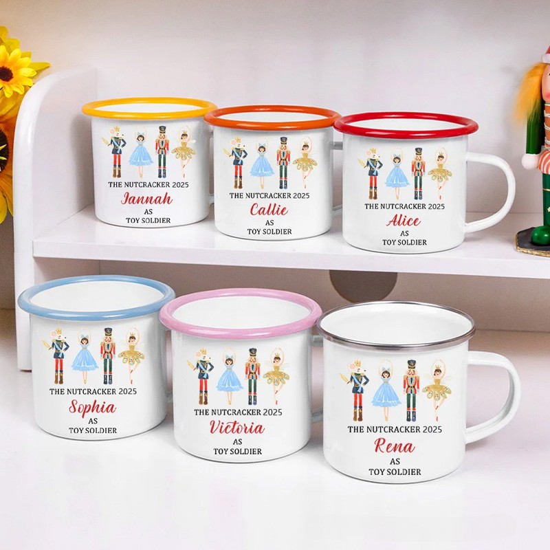 Personalized Cute Nutcracker Solider Ballet Girl 12oz Colored Rim Enamel Cup with Name and Year Birthday Christmas Gift