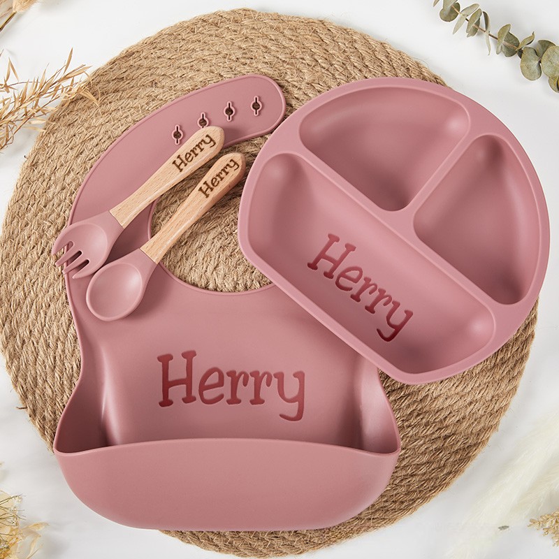 Personalized Engraved Silicone Baby Weaning Set Baby Feeding Plate and Bib Unique Baby Shower Gift  Baby Essentials Baby Shower Gift